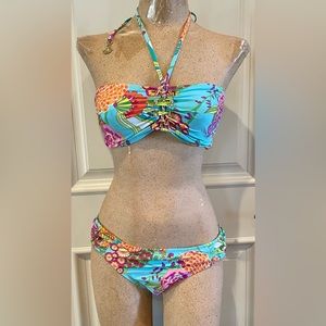 Trina Turk Tropical Two Piece Bikini Swimsuit with Gold Bamboo Hardware